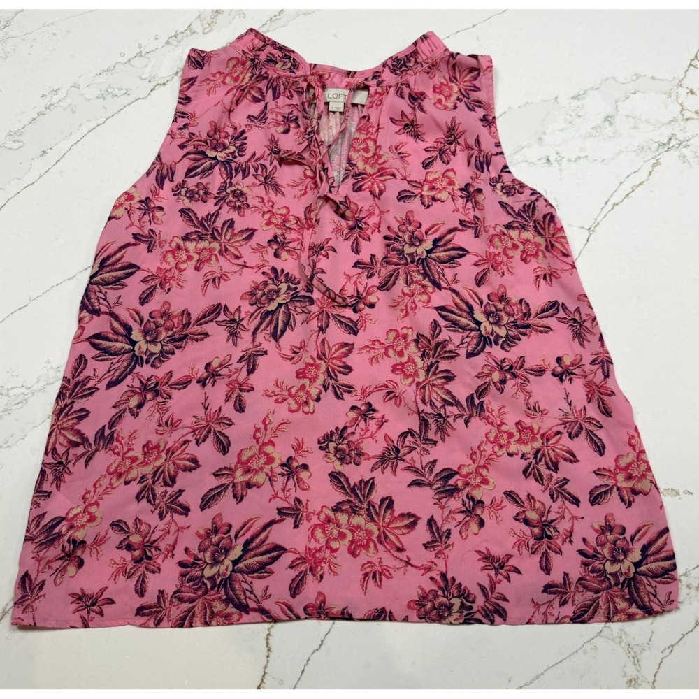 LOFT Pink Floral Tie Neck‎ Sleeveless Blouse Top Women's Size Small